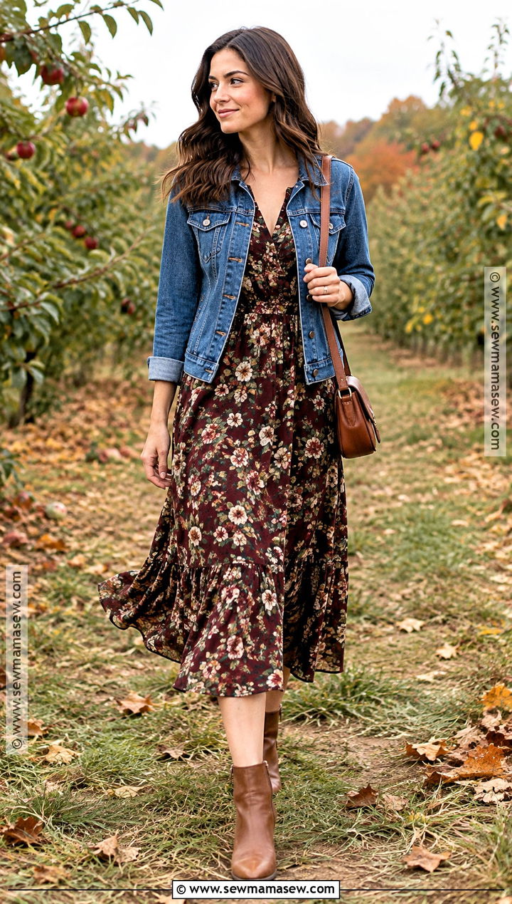 Denim Jacket And Floral Midi Dress Fall Photos Outfit - 15 fall photos outfit ideas