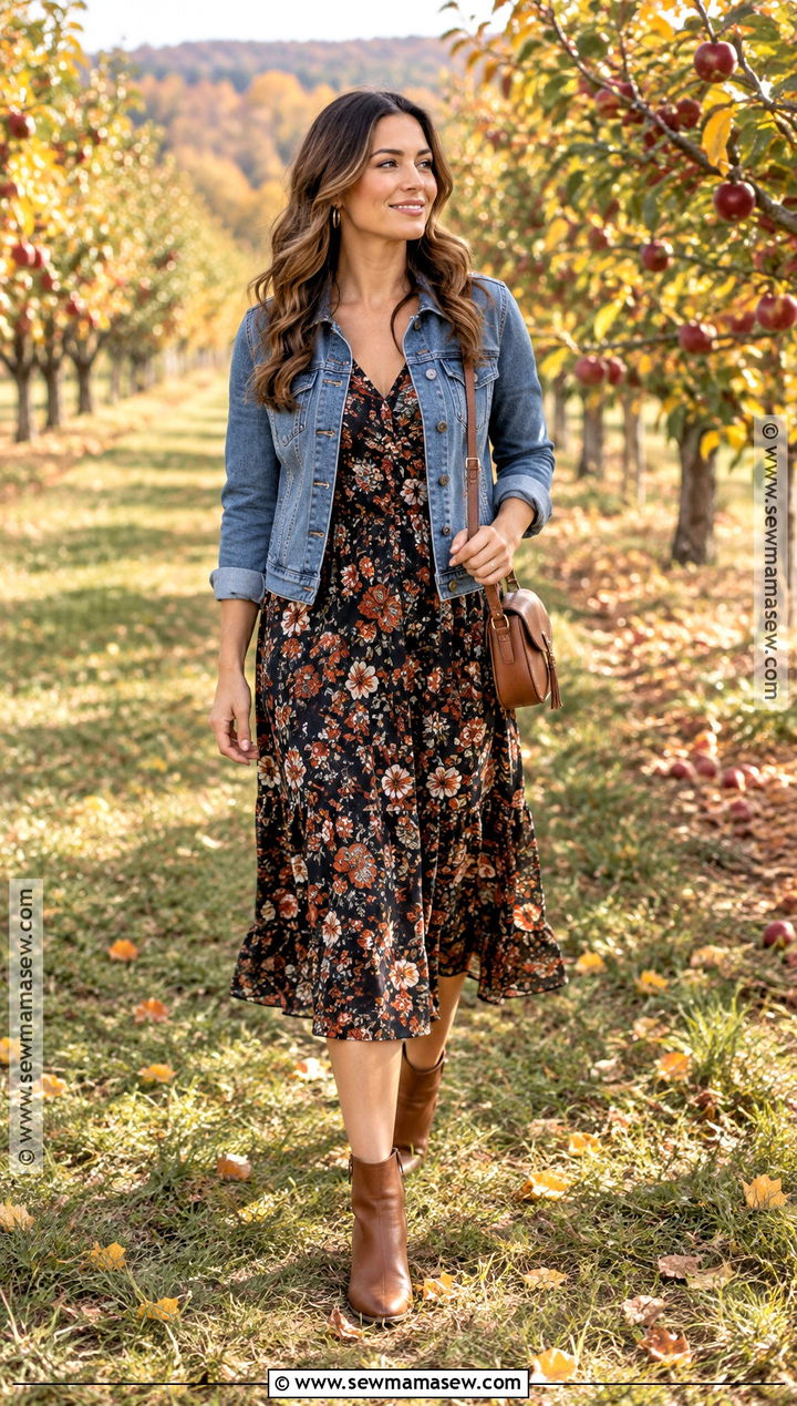 Denim Jacket And Floral Midi Dress Fall Picture Outfit - 20 fall picture outfits for women