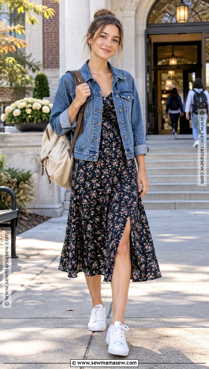 Denim Jacket And Floral Midi Dress Fall School Outfit - 15 Cute Fall Outfits For School Casual
