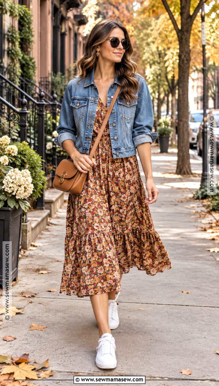 Denim Jacket And Floral Midi Dress Fall Transition Outfit - 15 Outfit Inspo Fall Transition Ideas