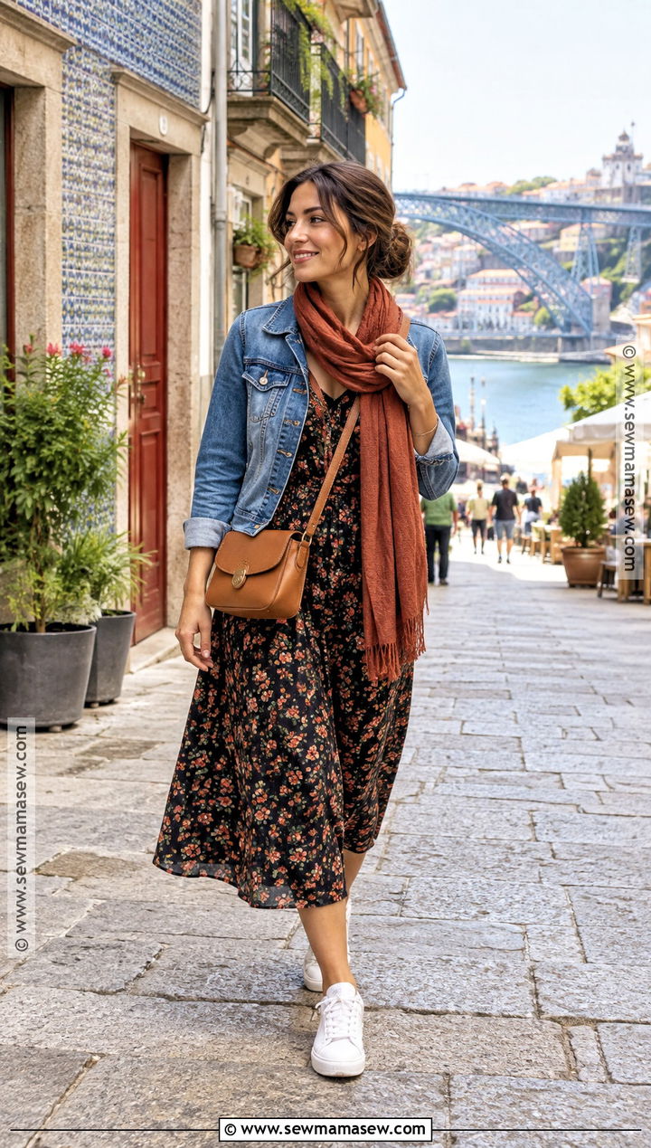 Denim Jacket And Floral Midi Dress For Porto In Fall - 15 porto outfits fall