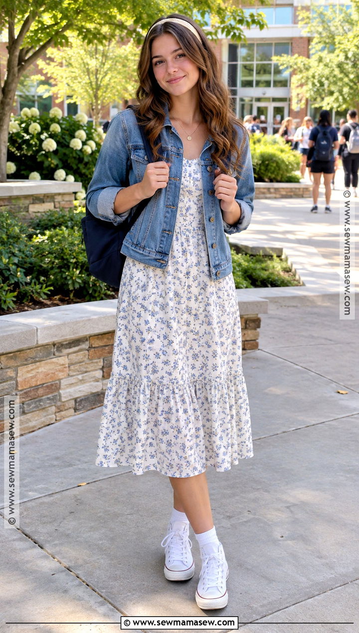 Denim Jacket And Floral Midi Dress High School Outfit - 15 Highschool Back To School Outfits