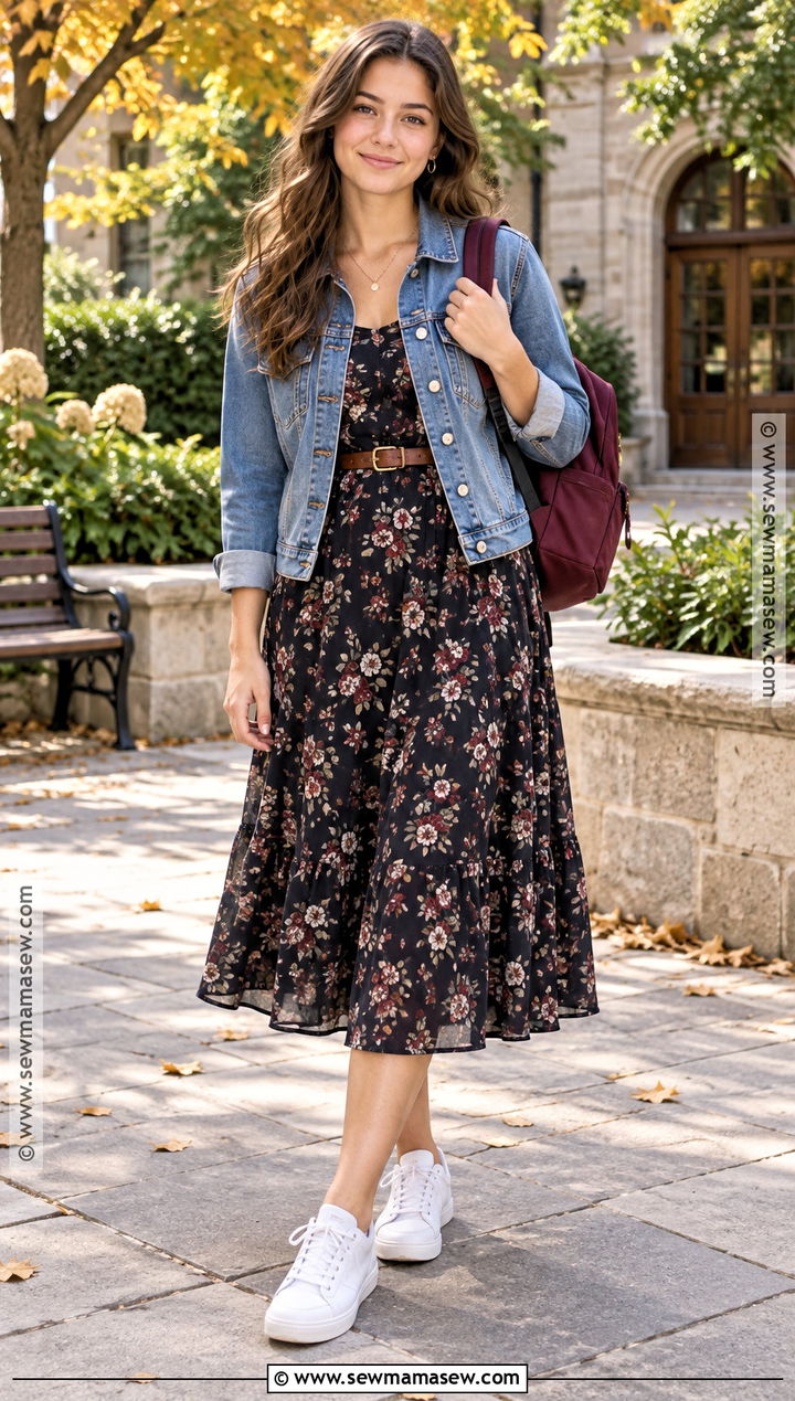 Denim Jacket And Floral Midi Dress Outfit - 15 fall outfits 2026 school