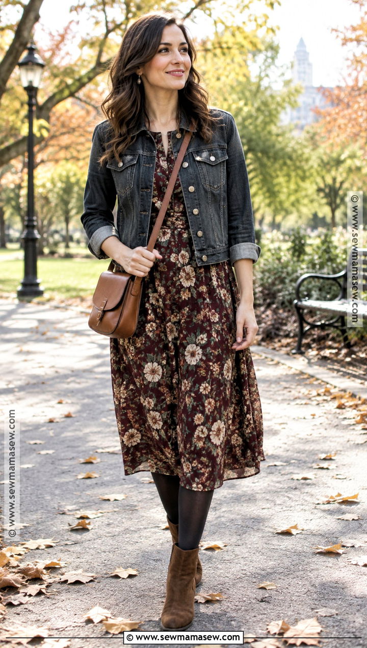 Denim Jacket And Floral Midi Dress Outfit - 20 Autumnal Outfits for Women