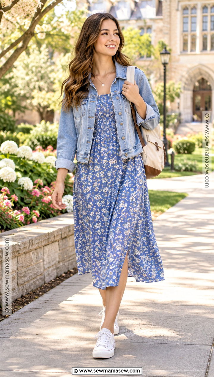 Denim Jacket And Floral Midi Dress Outfit - 20 back to school outfits aesthetic