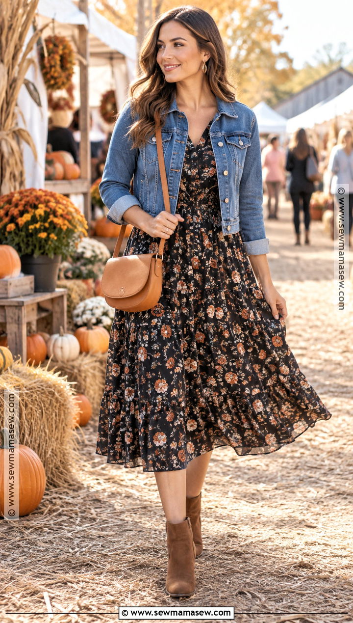 Denim Jacket And Floral Midi Dress Outfit - 20 Cool Mom Outfits Fall