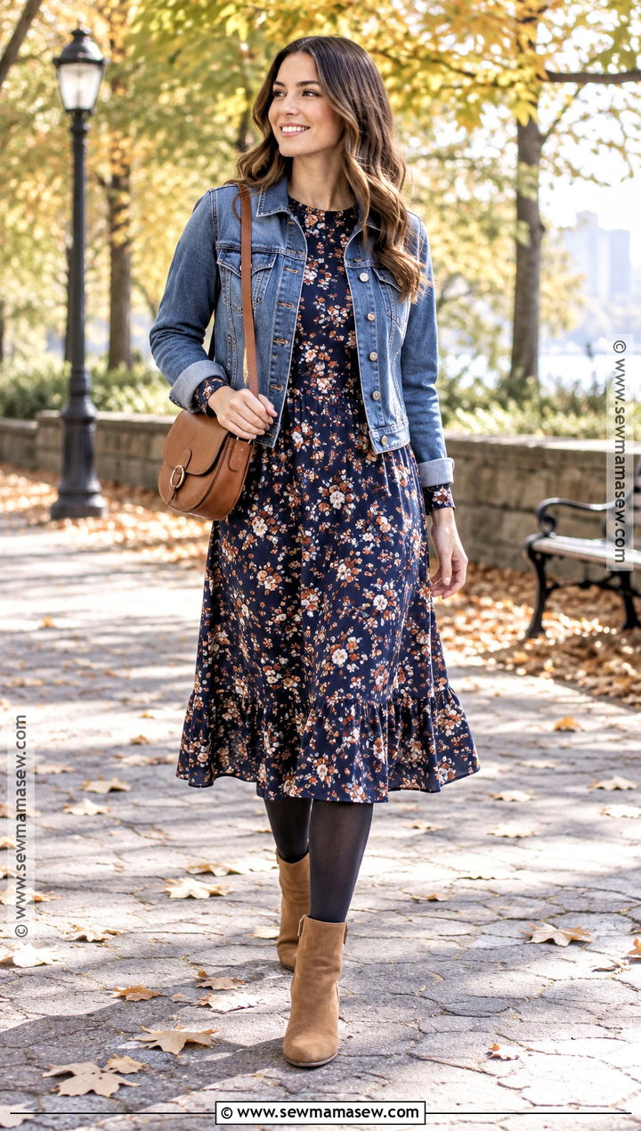 Denim Jacket And Floral Midi Dress Outfit - 25 autumn lookbook ideas
