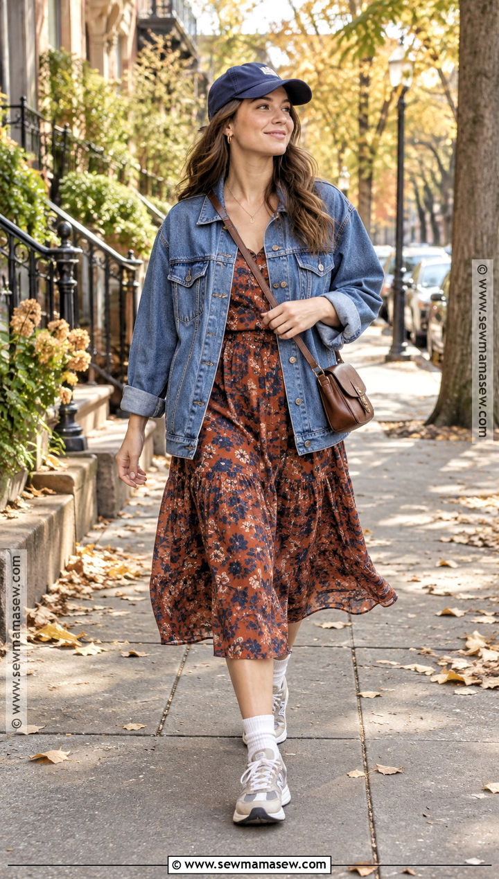 Denim Jacket And Floral Midi Dress Outfit - 25 autumn outfits streetwear
