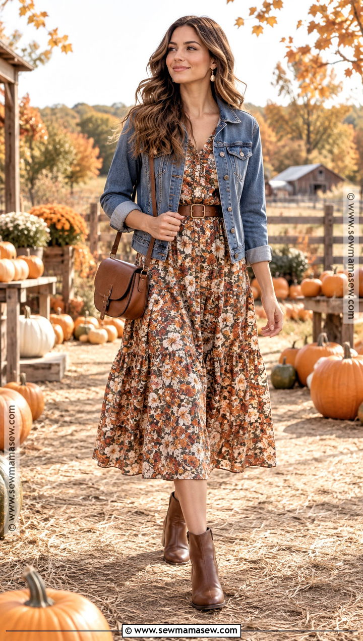 Denim Jacket And Floral Midi Dress Pumpkin Patch Look - 15 pumpkin patch looks