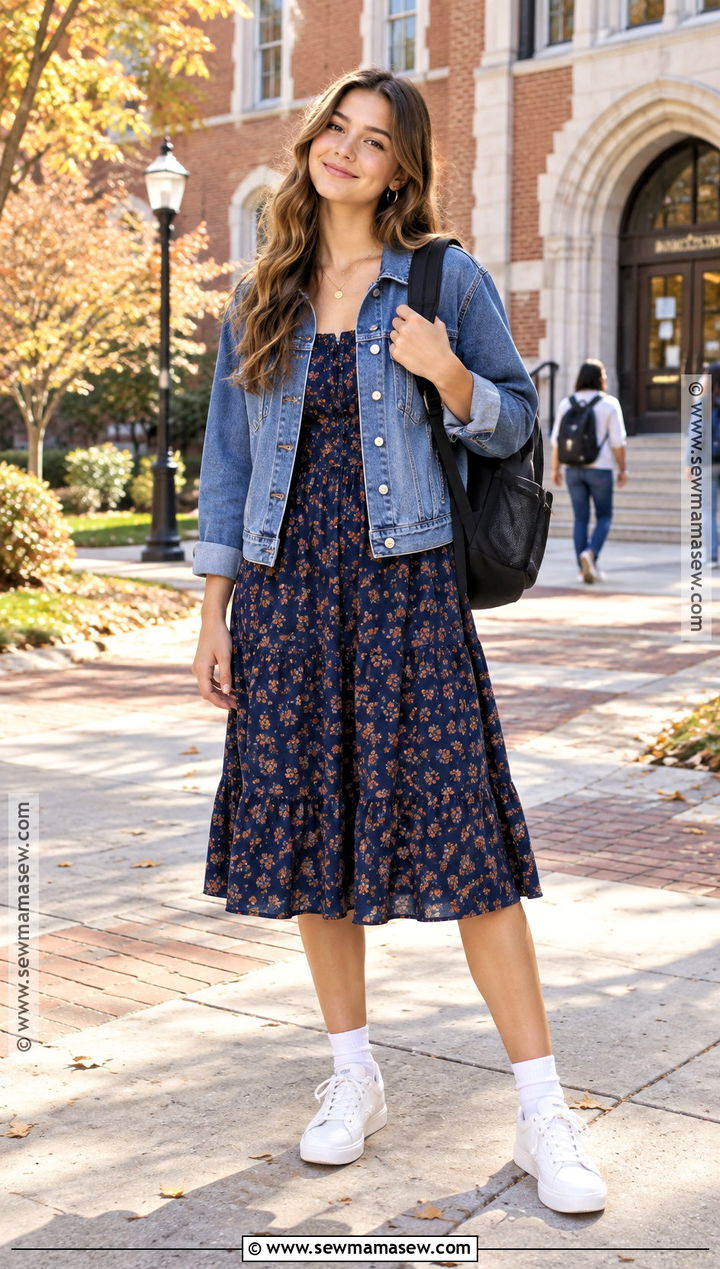 Denim Jacket And Floral Midi Dress School Outfit - 15 cute everyday outfits for school fall