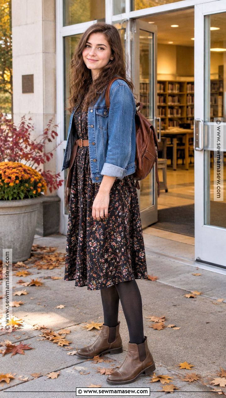 Denim Jacket And Floral Midi Dress School Outfit - 20 autumn school outfit ideas