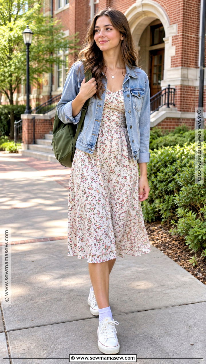 Denim Jacket And Floral Midi Dress School Outfit - 20 cute outfits back to school