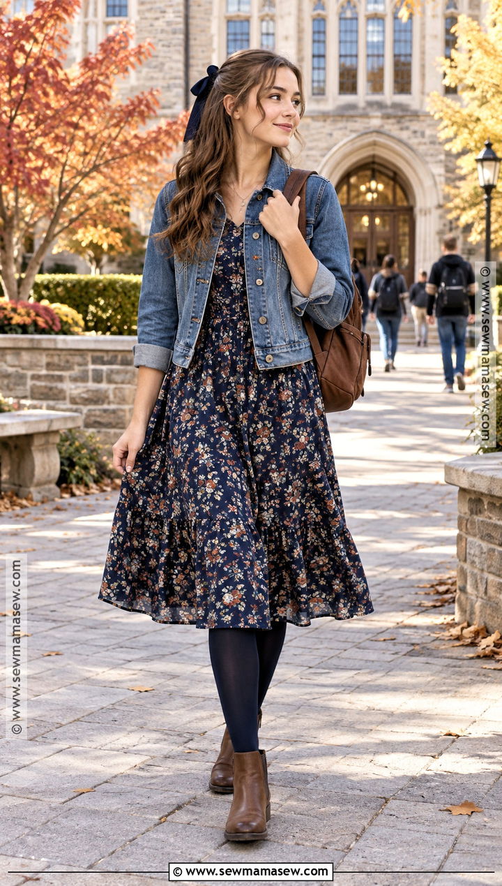 Denim Jacket And Floral Midi Dress School Outfit - 25 cute outfits for school fall