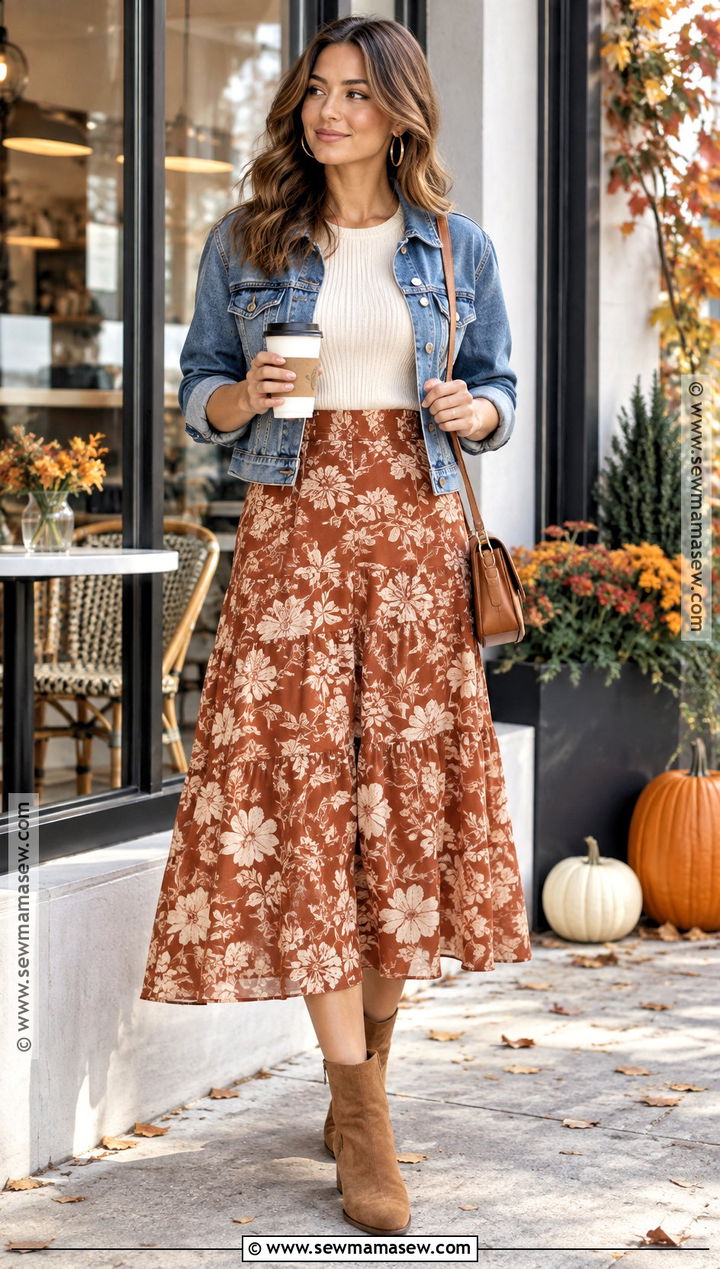 Denim Jacket And Floral Midi Skirt Coffee Date Outfit - 15 coffe date autumn outfit ideas