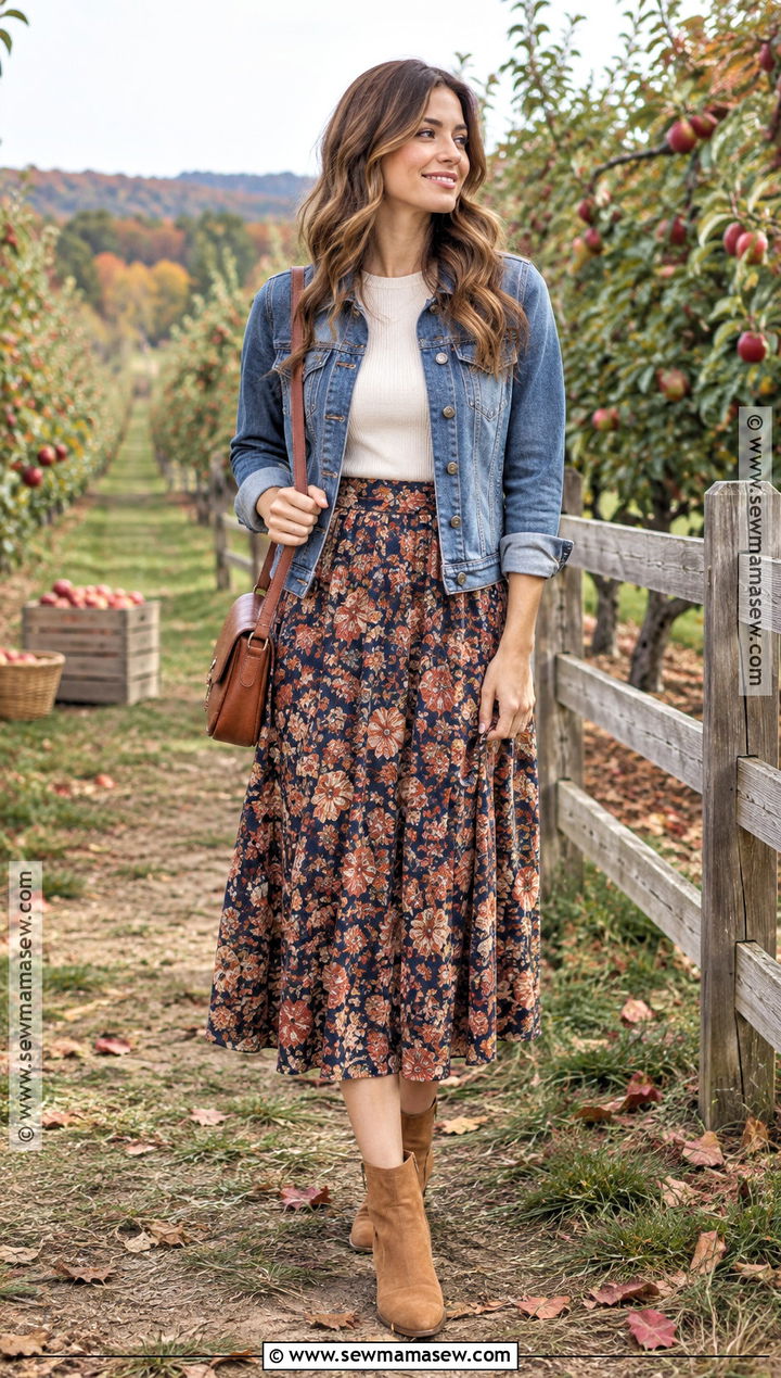 Denim Jacket And Floral Midi Skirt Fall Photoshoot Outfit - 20 fall photoshoot outfits for women