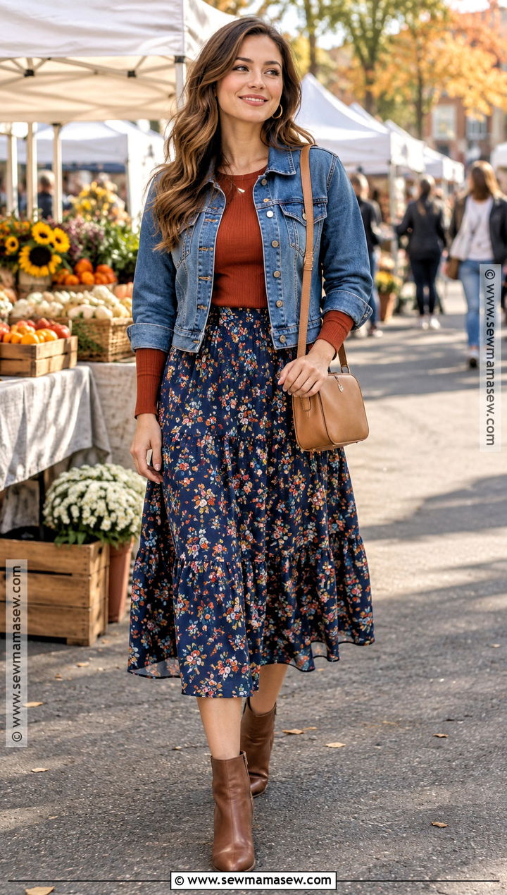 Denim Jacket And Floral Skirt Fall Outfit - 20 fall girly outfits