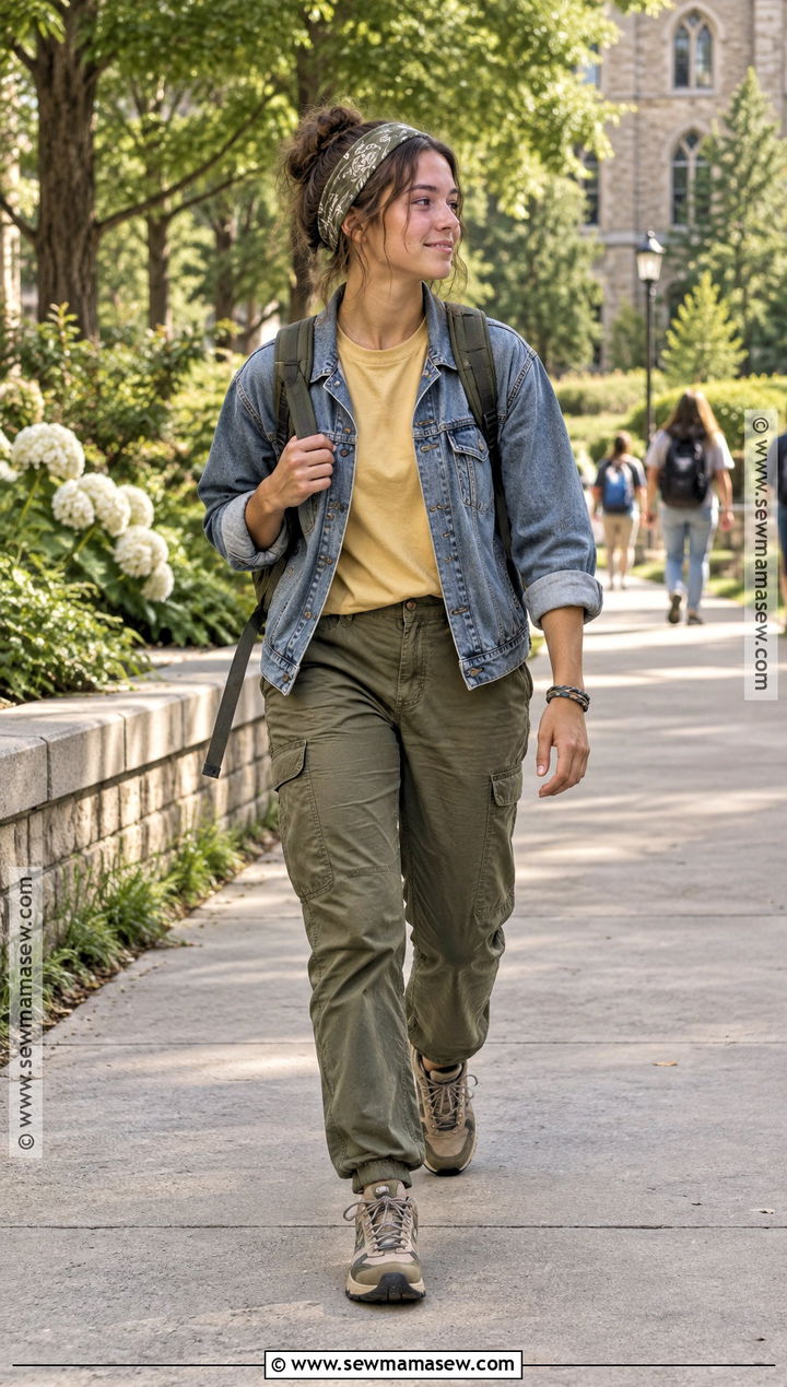 Denim Jacket And Hiking Pants Granola Outfit - 15 Back To School Granola Outfits