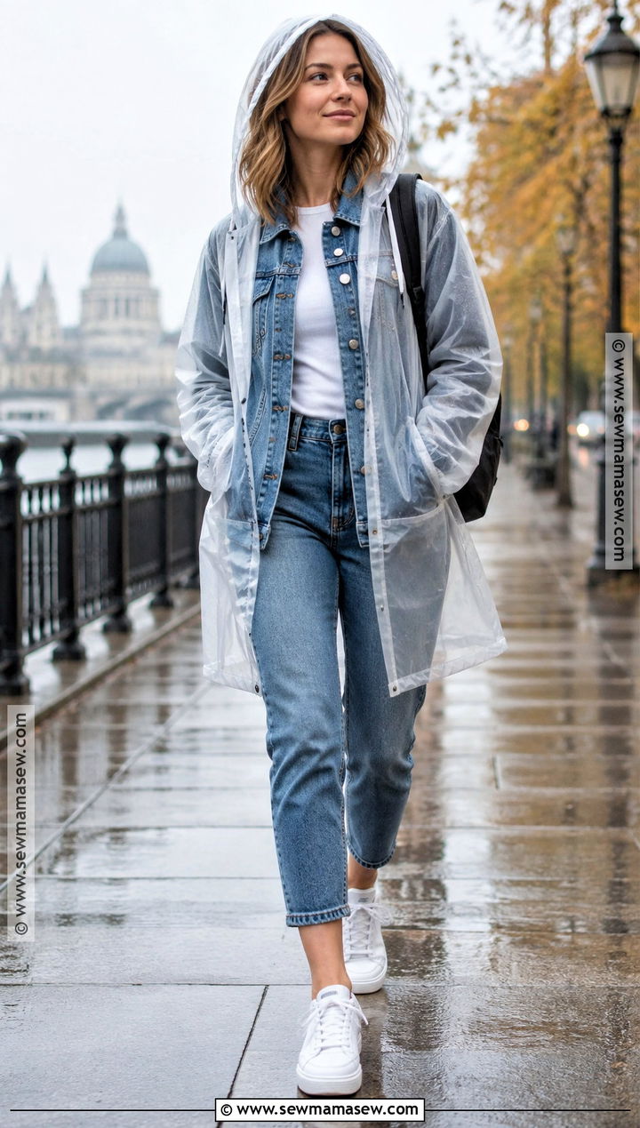 Denim Jacket And Hooded Raincoat Outfit - 25 rainy fall outfit ideas