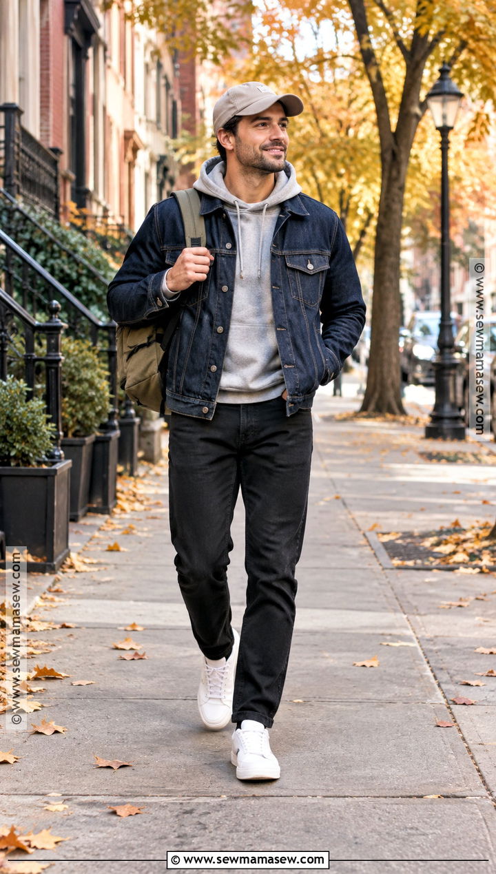 Denim Jacket And Hoodie Fall Outfit - 20 men casual fall outfits