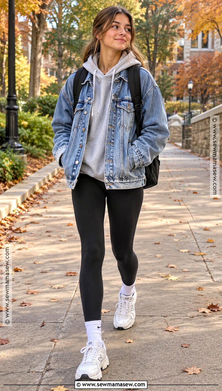 Denim Jacket And Hoodie With Leggings Fall Outfit - 20 Teen Girl Fall Outfits