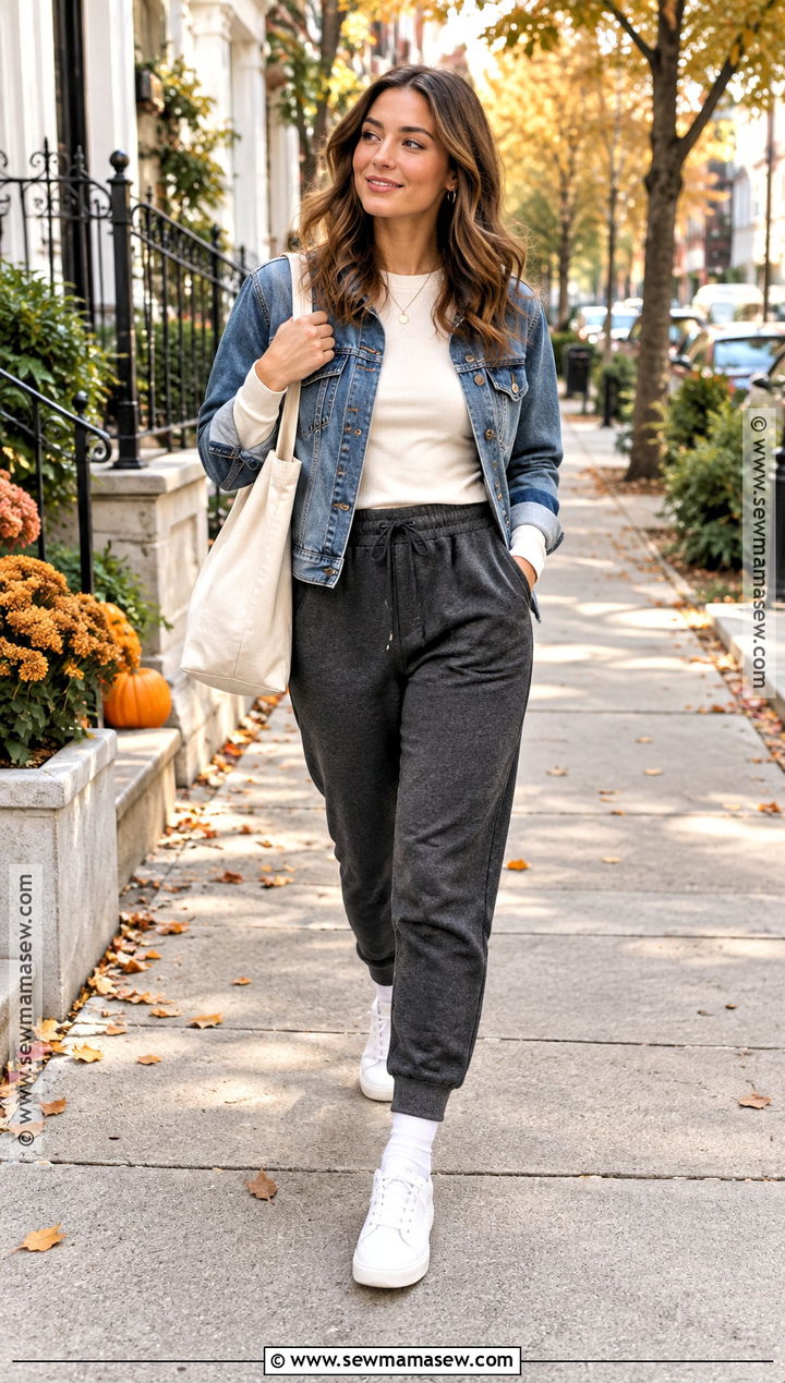 Denim Jacket And Joggers Autumn Outfit - 20 comfy autumn outfits casual