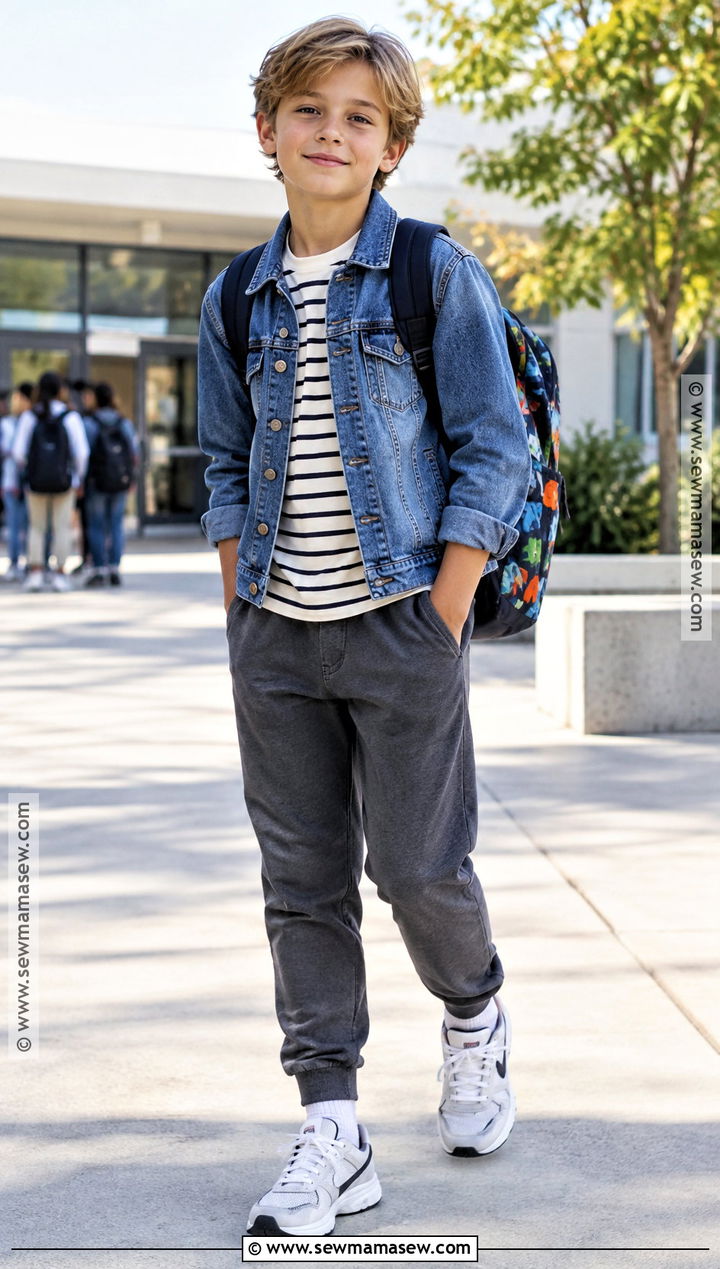 Denim Jacket And Joggers Back To School Outfit - 15 Back To School Capsule Wardrobe Ideas for Kids