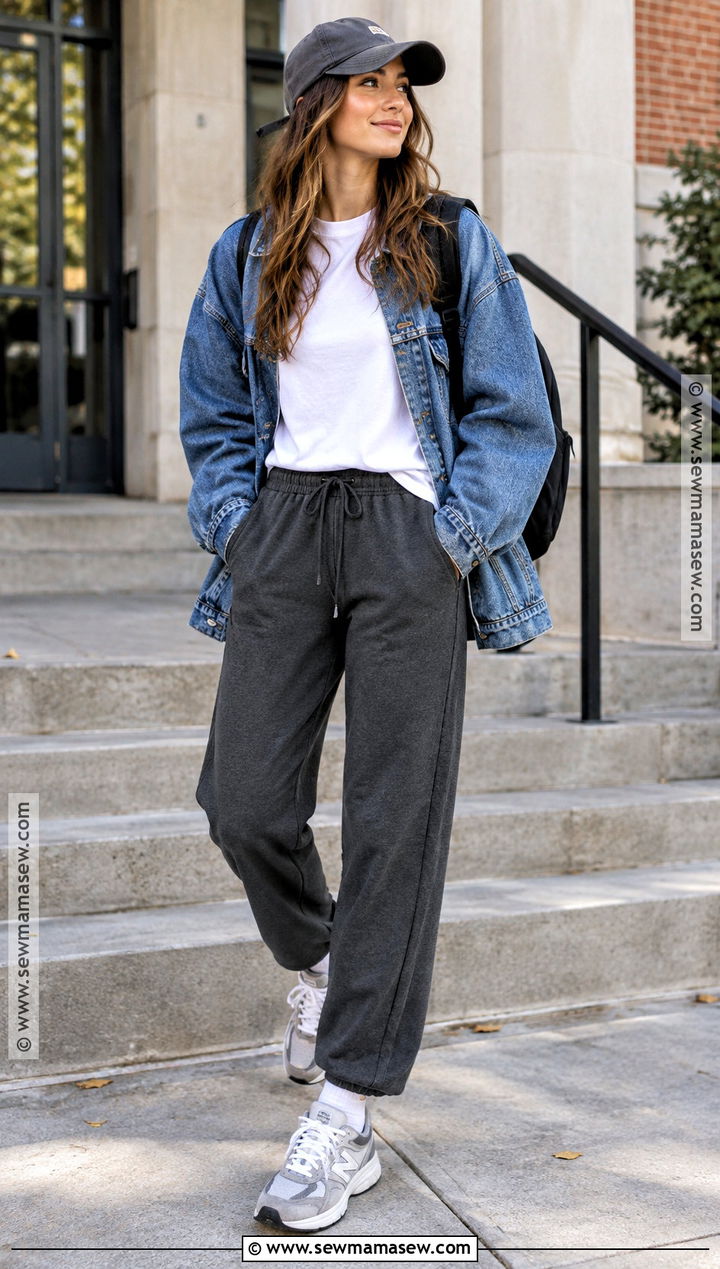Denim Jacket And Joggers Fall School Outfit - 15 fall lazy outfits for school