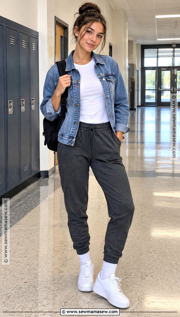 Denim Jacket And Joggers Fall School Outfit - 15 fall school outfits comfy
