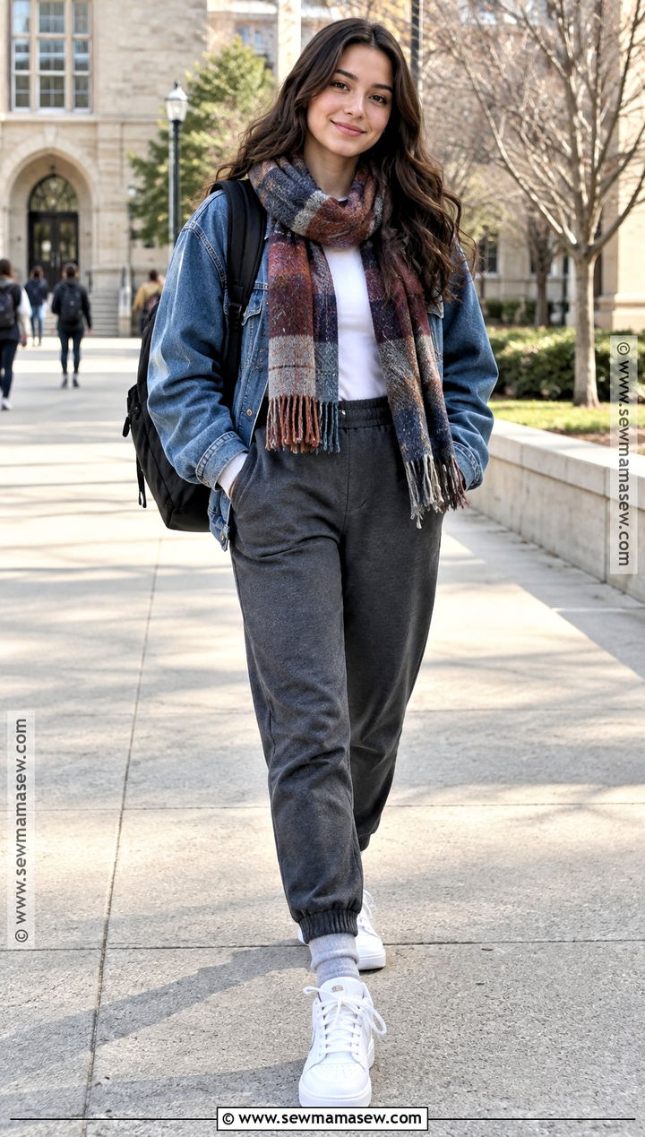 Denim Jacket And Joggers Outfit - 20 Back To School After Winter Break Outfit Ideas