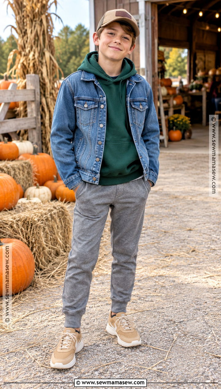 Denim Jacket And Joggers Pumpkin Patch Outfit - 25 pumpkin patch outfit ideas for kids