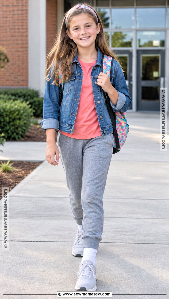 Denim Jacket And Joggers School Outfit - 20 Back To School Outfits 5Th Grade for Girls