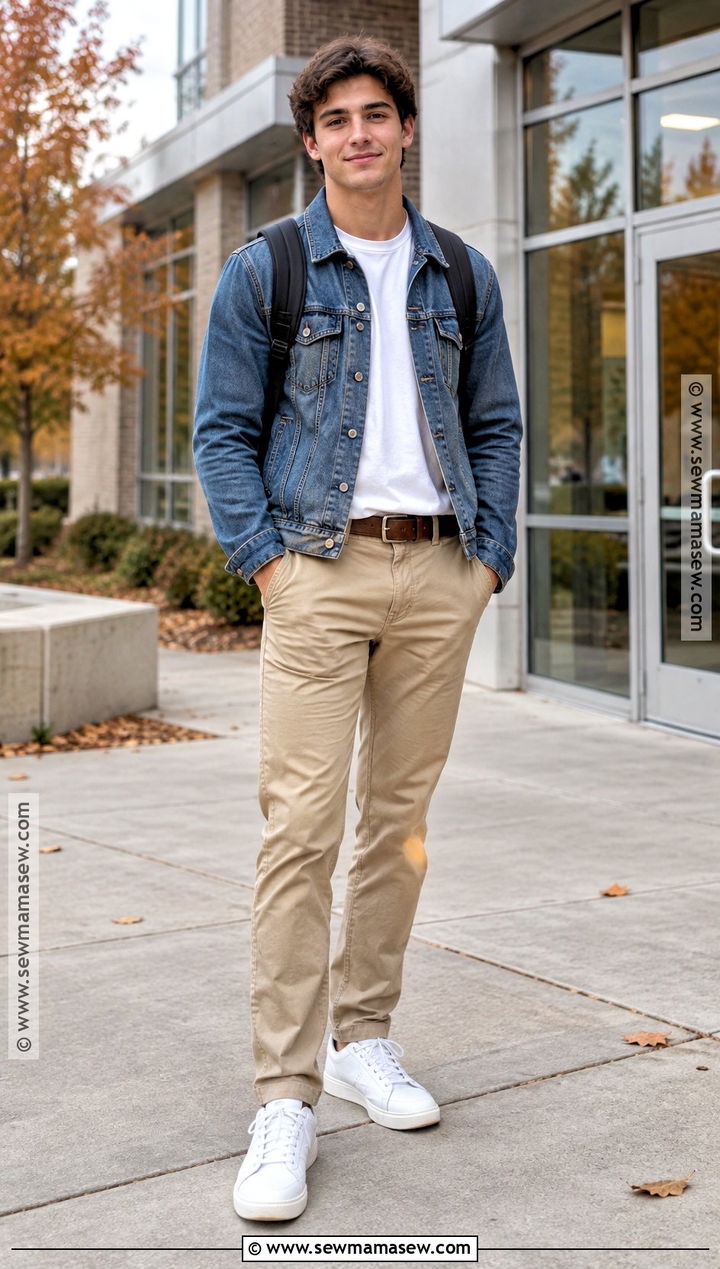 Denim Jacket And Khaki Pants Back To School Outfit - 25 back to school outfits for men