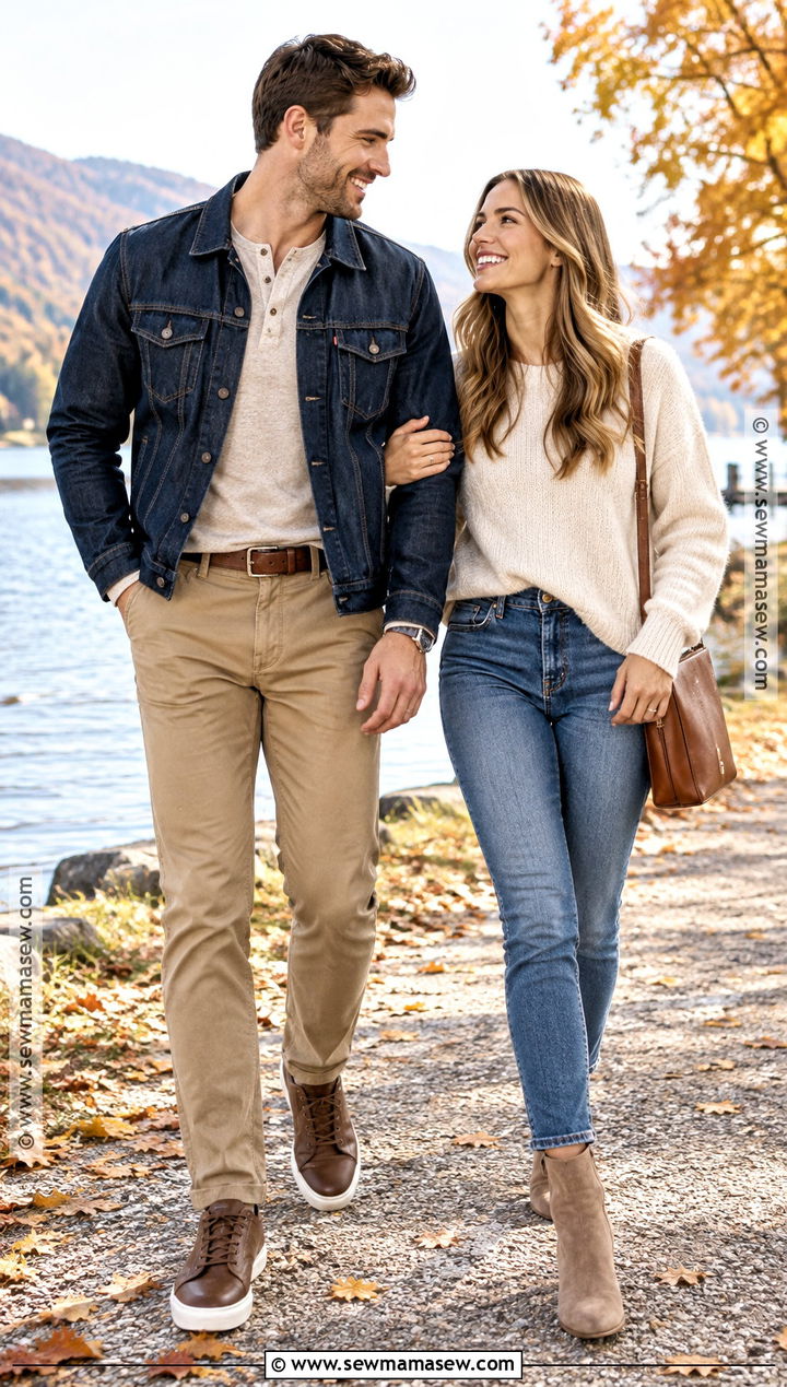 Denim Jacket And Khaki Pants Engagement Outfit - 15 engagement photos men outfit fall ideas