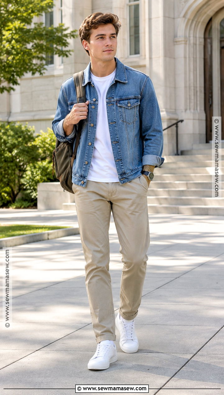 Denim Jacket And Khaki Pants Outfit - 15 guys back to school outfits