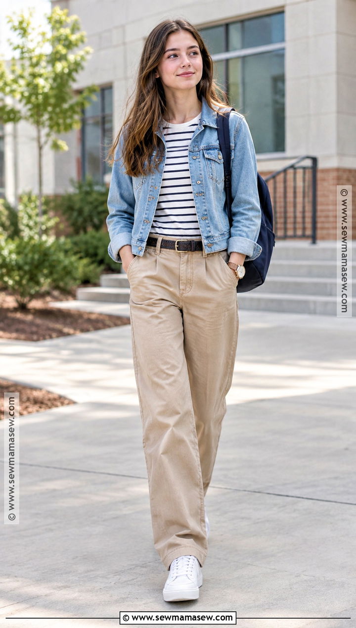 Denim Jacket And Khaki Pants School Outfit - 20 back to school outfit ideas highschool