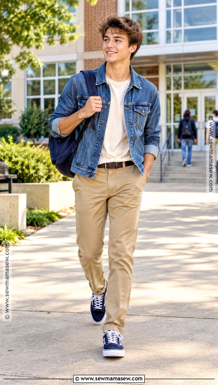 Denim Jacket And Khaki Pants School Outfit - 20 back to school boy outfits