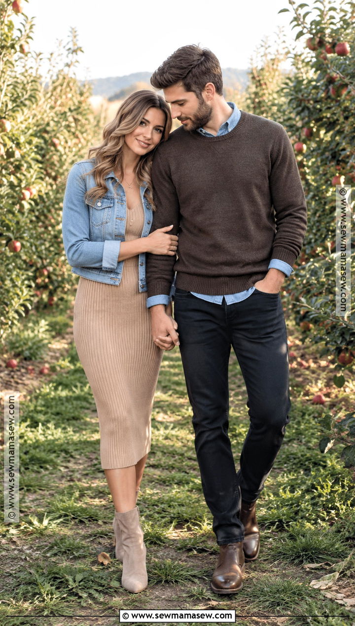 Denim Jacket And Knit Dress Couple Outfit - 20 fall couple photoshoot outfit ideas