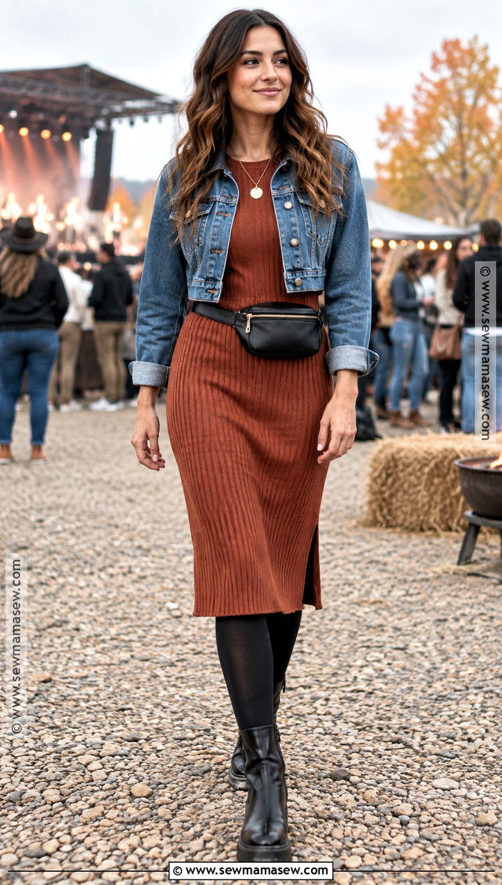 Denim Jacket And Knit Dress Fall Concert Outfit - 20 fall concert outfit night ideas