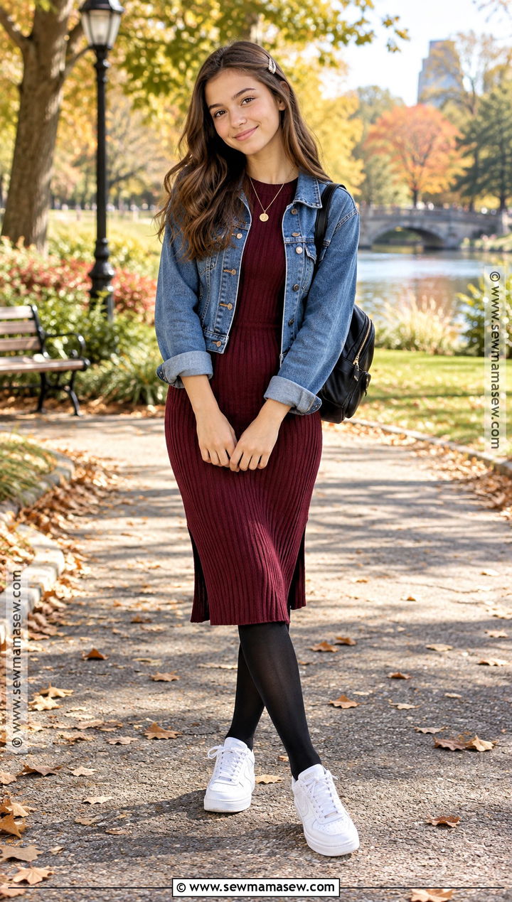 Denim Jacket And Knit Dress Fall Outfit - 15 fall outfit inspo teen ideas for girls