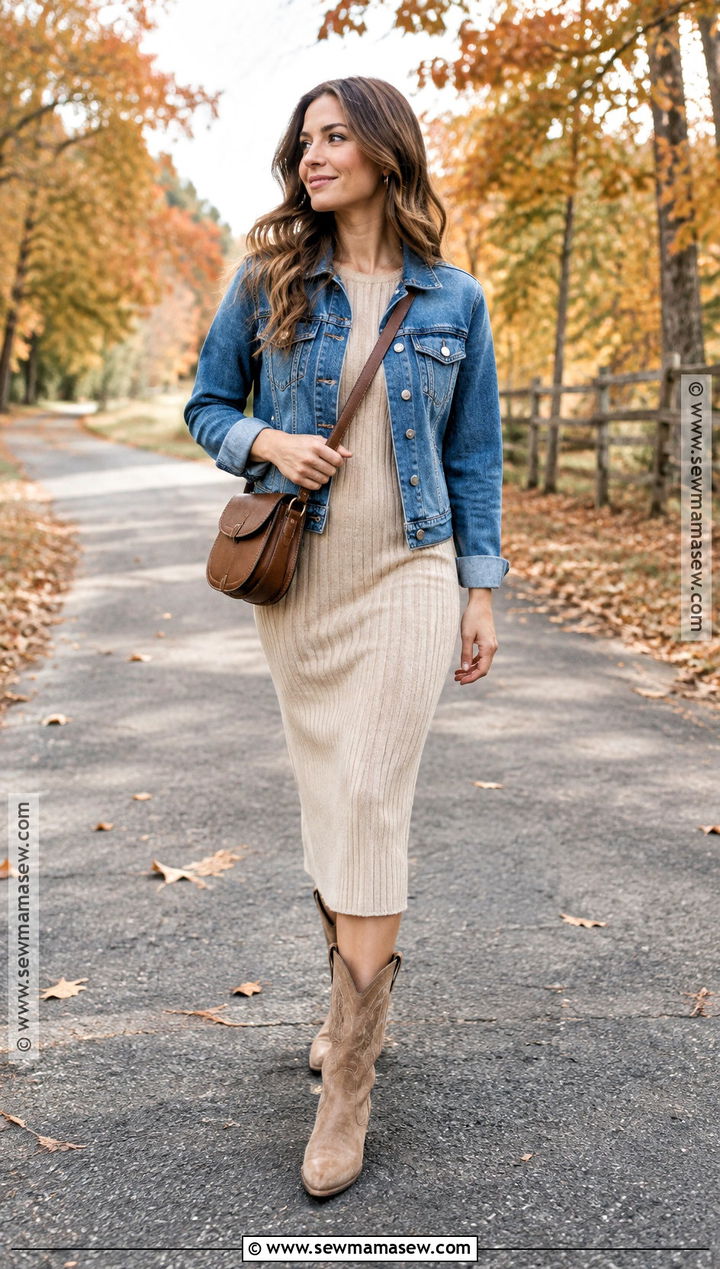 Denim Jacket And Knit Dress Fall Photoshoot Outfit - 20 Fall Outfits For Photoshoot