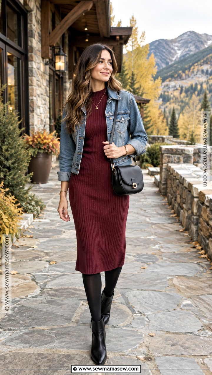 Denim Jacket And Knit Dress Mountain Outfit - 15 mountain vacation outfits fall