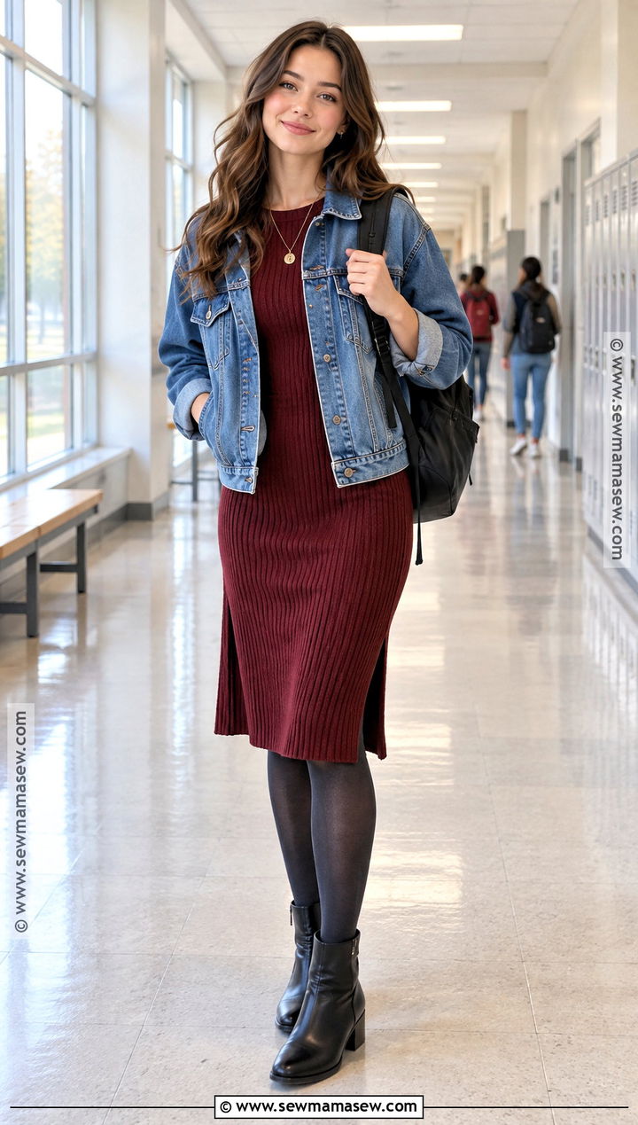 Denim Jacket And Knit Dress School Outfit - 15 fall clothes for school