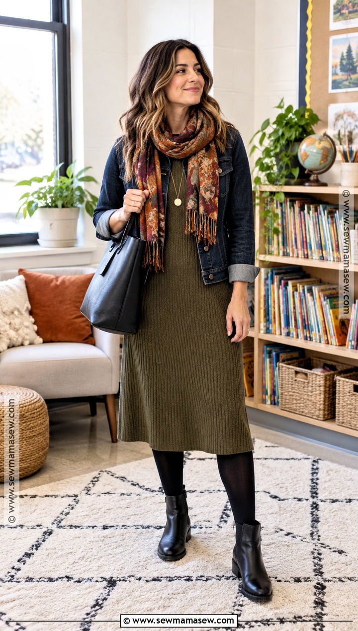 Denim Jacket And Knit Dress Teacher Outfit - 15 fall winter teacher outfits
