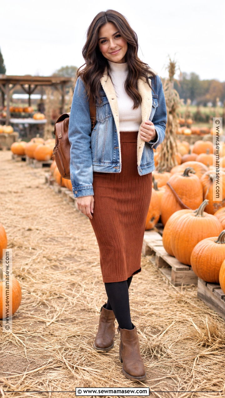 Denim Jacket And Knit Midi Skirt Pumpkin Patch Outfit - 20 warm pumpkin patch outfit ideas