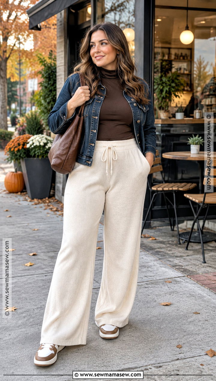 Denim Jacket And Knit Pants Fall Outfit - 15 Lazy Sunday Outfit Fall Ideas
