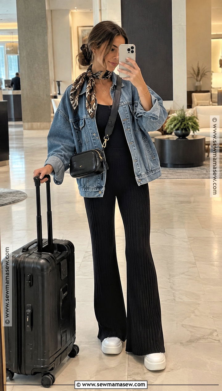 Denim Jacket And Knit Pants Fall Travel Outfit - 15 Cute Travel Outfits Fall