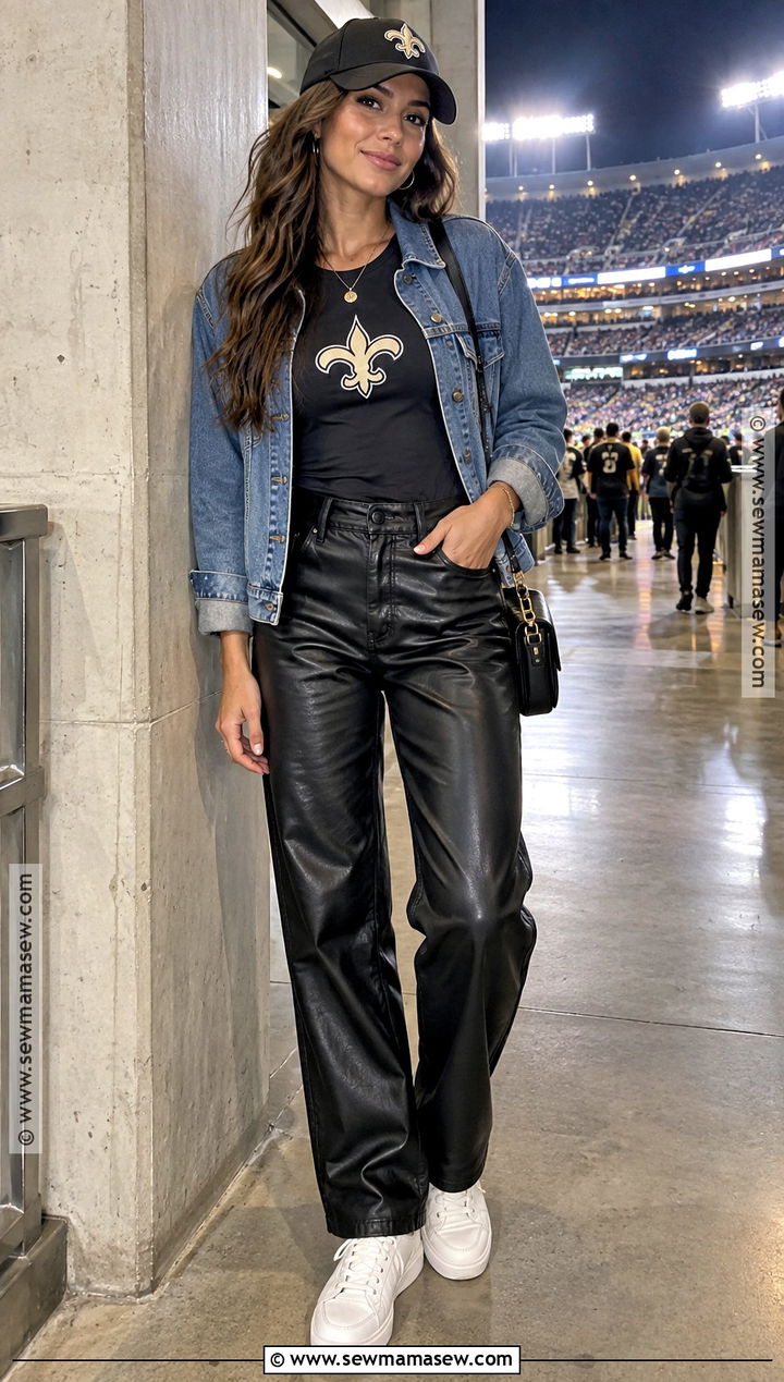 Denim Jacket And Leather Pants Football Outfit - 20 cute fall football game outfits