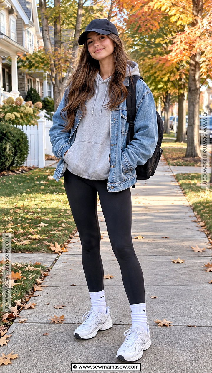 Denim Jacket And Leggings Fall Outfit - 15 cute fall outfits for teens