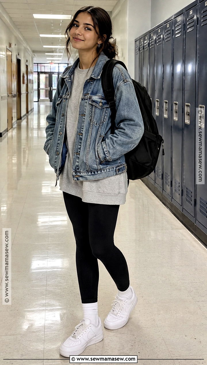 Denim Jacket And Leggings Fall School Outfit - 20 fall school outfits highschool
