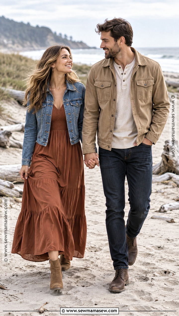 Denim Jacket And Long Dress Beach Engagement Outfit - 15 fall beach engagement photos outfit ideas